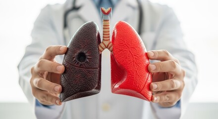 Doctor Holding Anatomical Lung Model Showing Comparison Between Healthy Red Lung and Diseased Smoker's Black Lung