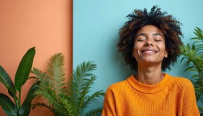 Smiling black woman with closed eyes wearing orange sweater relaxes near plants. Female enjoys peace of mind, wellness, comfort. Girl meditates to relax, breaths fresh air indoor. Lady with joy on
