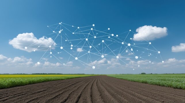 Expansive Agricultural Field with Deep Soil and Digital Connectivity Concept Illustrating Modern Farming Technology and Data Analysis in Nature