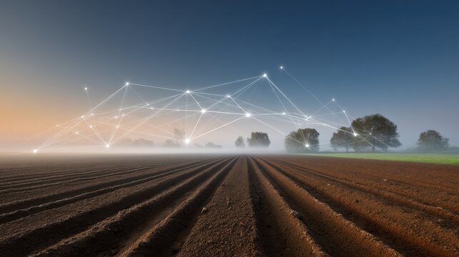 Technology Connection Over Agricultural Fields at Dawn with Fog, Digital Network Overlay, Smooth Soil Ready for Planting, Trees in the Background - Powered by Adobe