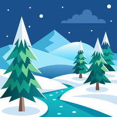 Stylized winter landscape with snow covered trees and mountains