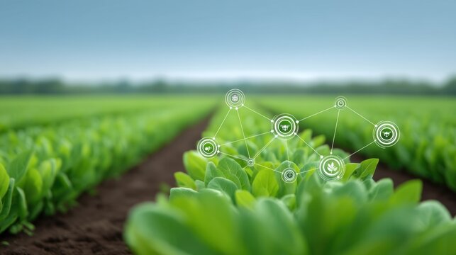 Innovative Agriculture Technology Concept with Data Overlay on Green Crops in Field Showing Growth, Sustainability, and Digital Transformation in Farming Practices