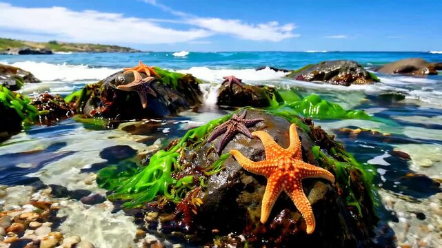 Starfish on Rocks at the Beach with Ocean Waves and Blue Sky.