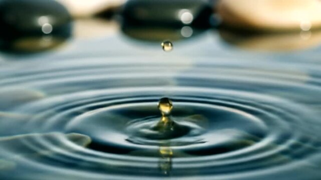 Close-up of a water droplet creating ripples on a calm surface with smooth stones in the background - Powered by Adobe