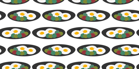 Spicy Fried Egg with Salad Leaves and Brussels Sprouts on Black Plate Seamless Pattern Banner Format. Isolated Vector illustration Food or Culinary Themed Backdrop Banner, leaflet, label, tag, posters