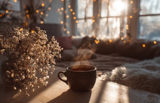 Steaming cup of coffee in cozy winter sunlight - Powered by Adobe