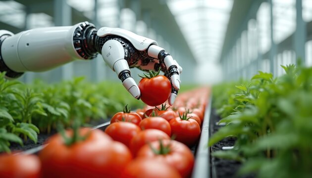 Robotic arm picks ripe red tomato in futuristic greenhouse. Automation harvests crops, improving farm efficiency and food production with AI tech. Future agriculture grows vegetables.