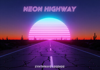 album cover art with neon sun and road