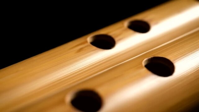 Close-up of bamboo flutes showcasing intricate craftsmanship and natural textures against a dark backdrop