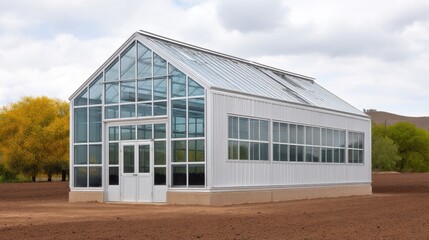 Obraz premium Modern greenhouse structure with transparent panels and bright interior, set against a cloudy sky and vibrant autumn trees on a farm landscape