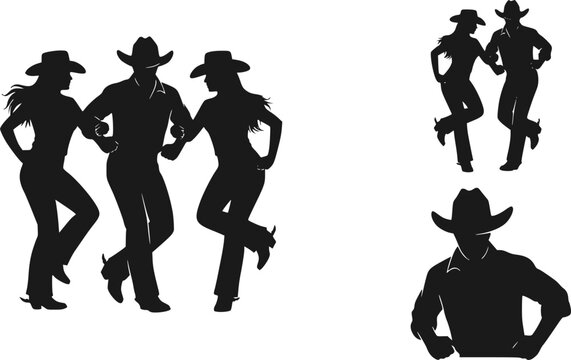 Silhouette of a couple in cowboy hats line dancing. set	