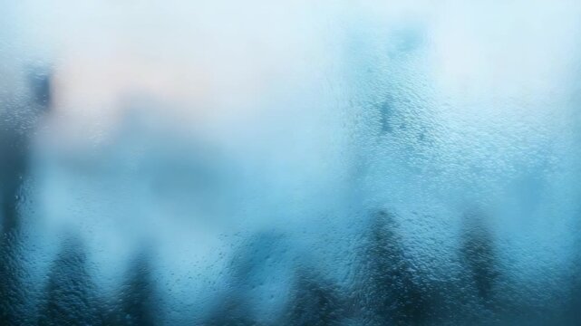Closeup of a misted glass window with water droplets and a subtle blue gradient, evoking calmness and serenity. Ideal for backgrounds, web design, or creative visual concepts needing a peaceful vibe