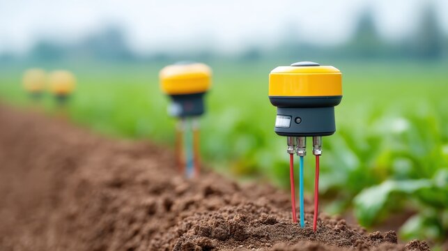 Advanced agricultural technology with precision sensors in a green field promoting sustainable farming practices for modern crop management and soil monitoring
