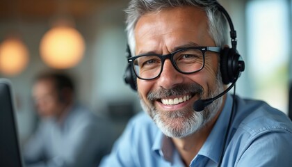 Smiling man with glasses wears headset. Mature person works in call center, provides customer assistance. Friendly support agent gives helpful advice.