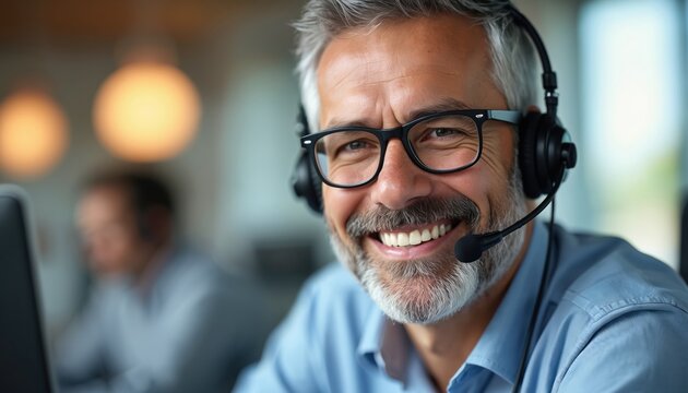 Smiling man with glasses wears headset. Mature person works in call center, provides customer assistance. Friendly support agent gives helpful advice.