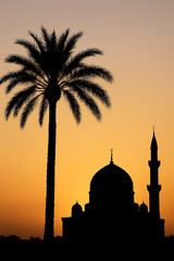 Silhouette Tranquil Mosque with Palm Tree at Golden Hour Scenery. Generative AI.