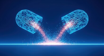 Digital Capsule Pill Splitting Open, Releasing Therapeutic Particles with Glowing Effect, Representing Advanced Medicine and Drug Delivery
