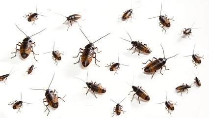 Flat Lay Multiple Blatta Orientalis Cockroach on White Background Repetitive Pattern. Generative AI.