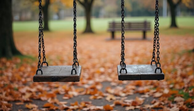 Empty swing set in a park during fall season. Ground is covered with brown foliage. Park bench is visible in the background. Concept of childhood memories and peaceful autumn atmosphere.