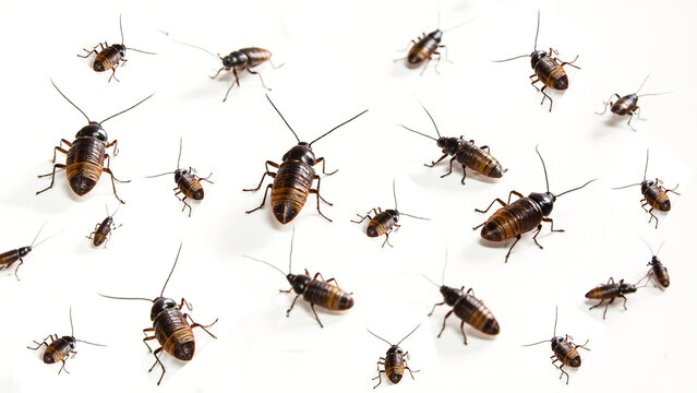 Flat Lay Multiple Blatta Orientalis Cockroach on White Background Repetitive Pattern. Generative AI.