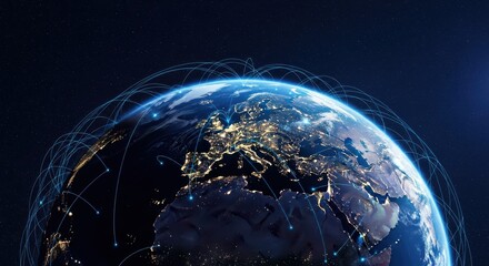 Global Network and Data Connections Encircling Planet Earth at Night, Illustrating Telecommunications and Internet Technology