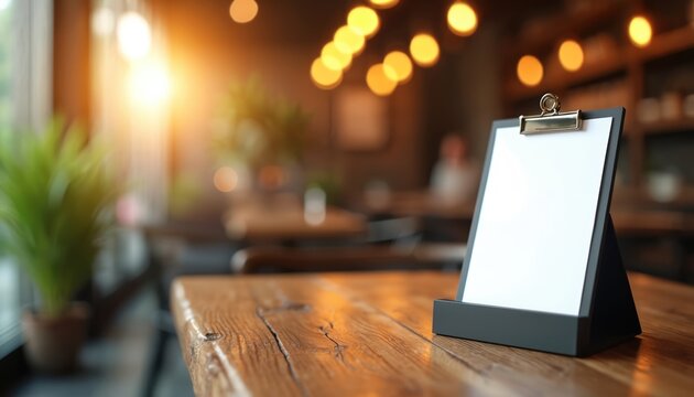Restaurant table card mockup. Empty white paper board on wooden table in cafe. Blank menu or price list design. Blurred warm interior with lights and plants. - Powered by Adobe