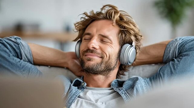 Relaxed man listening to music with headphones at home, eyes closed, enjoying peaceful moment