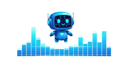 Cute Animated Robot Mascot Leaping Over a Blue Digital Audio Equalizer Sound Wave Visualization Technology Music