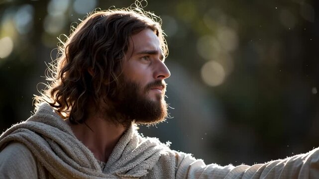 Man in robe reaching out hand in sunlight (biblical scene)