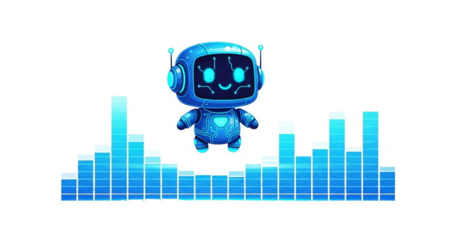Cute Animated Robot Mascot Leaping Over a Blue Digital Audio Equalizer Sound Wave Visualization Technology Music