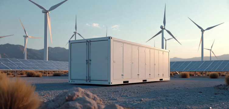 Photo of modern battery energy storage system with solar panels wind turbines. Sustainable power grid tech industry concept. Clean eco energy sources alternative solutions.
