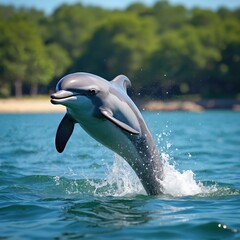 Obraz premium Dolphin jumps out water at sunny day. Marine animal shows its power. Aquatic mammal performs a trick. Blue ocean, green shore on background.