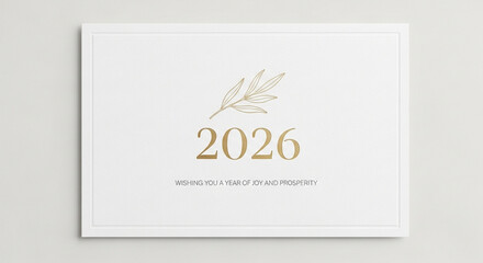 2026 greeting card with golden text and olive branch on white background
