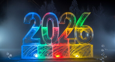 2026 ice numbers glowing with vibrant multicolored illumination