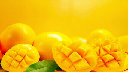 Fresh and Juicy Yellow Mango Still Life Arrangement with Cut Slices. Generative AI.