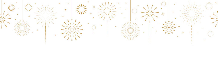 Gold fireworks border seamless pattern for christmas and new year celebration vector background, golden sparkle frame border, festive holiday decoration concept for greeting card, poster, banner.