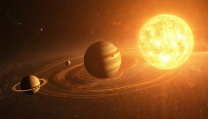 Giant star illuminates gas planets with rings. Moons orbit giant planets. Cosmic scene with distant stars and nebulae. Space exploration concept art.