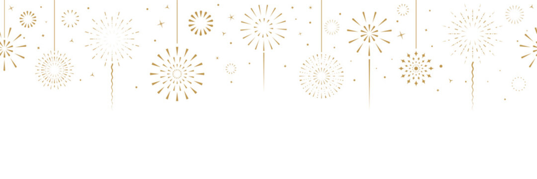 Gold fireworks border seamless pattern for christmas and new year celebration vector background, golden sparkle frame border, festive holiday decoration concept for greeting card, poster, banner. - Powered by Adobe