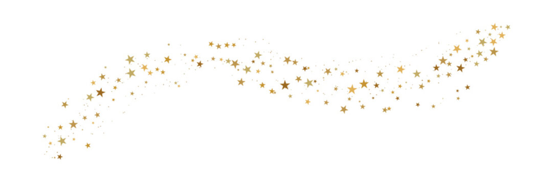 Golden star dust trail vector background, elegant glitter sparkle, shining gold stars scatter minimal decorative wavy line border design for celebration, Christmas, new year, luxury party events.