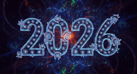 `2026 year number rendered with intricate metallic gears and glowing blue light`