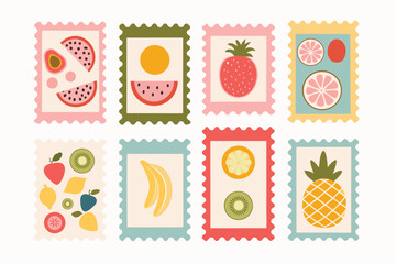 A series of colorful postage stamps displayed in a row