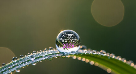 Dewdrop reflecting Happy New Year 2026 on a blade of grass