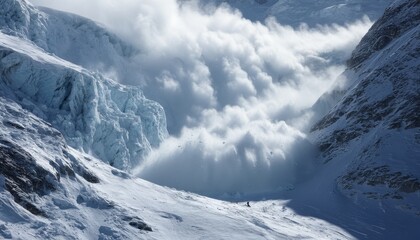 Powerful glacier among harsh rocks and clouds.