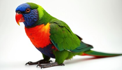 Naklejka premium Isolated studio shot presents a colourful parrot. This bird shows rainbow plumage with green, red, blue, yellow feathers. Avian wildlife animal looks at camera. The parrot is a pet bird.