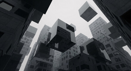 Surreal and dystopian black and white cityscape with imposing Brutalist concrete buildings. Mysterious floating reflective cubes create a futuristic, abstract, and sci-fi architectural vision.