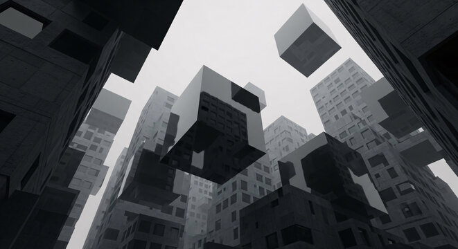 Surreal and dystopian black and white cityscape with imposing Brutalist concrete buildings. Mysterious floating reflective cubes create a futuristic, abstract, and sci-fi architectural vision. - Powered by Adobe