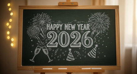 ''Happy New Year 2026 celebration message on a chalkboard with festive drawings''