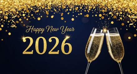 Happy New Year 2026 celebration with champagne toast and golden glitter