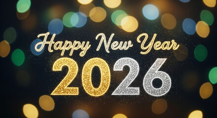 Happy New Year 2026 glitter text with festive bokeh lights background