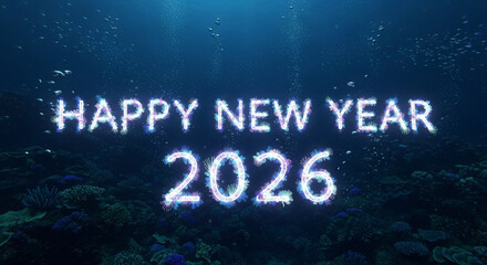 Happy New Year 2026 message glowing underwater among coral